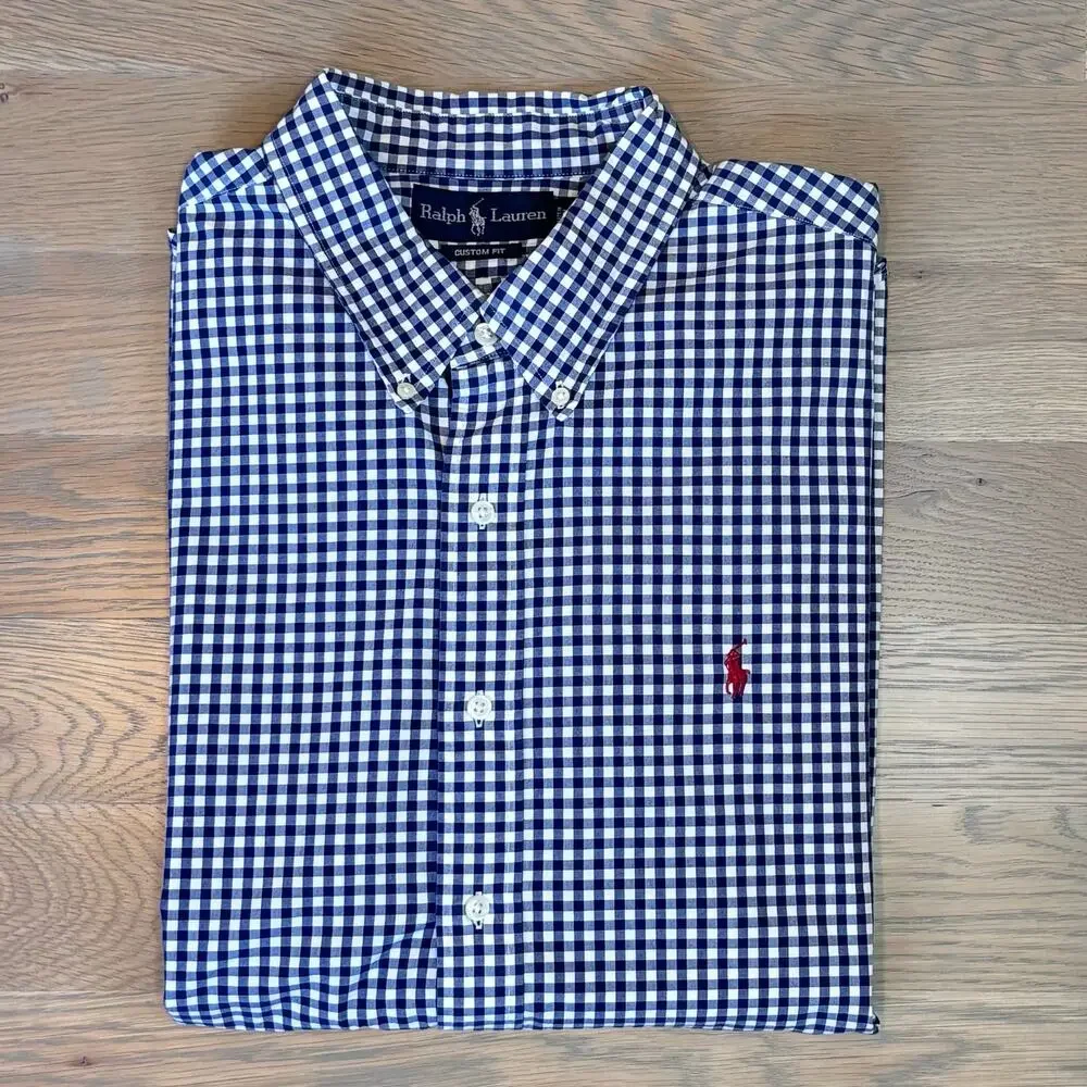 Ralph Lauren Custom Fit Gingham Shirt Button Down Navy White Mens Size XXL - Picture 9 of 9